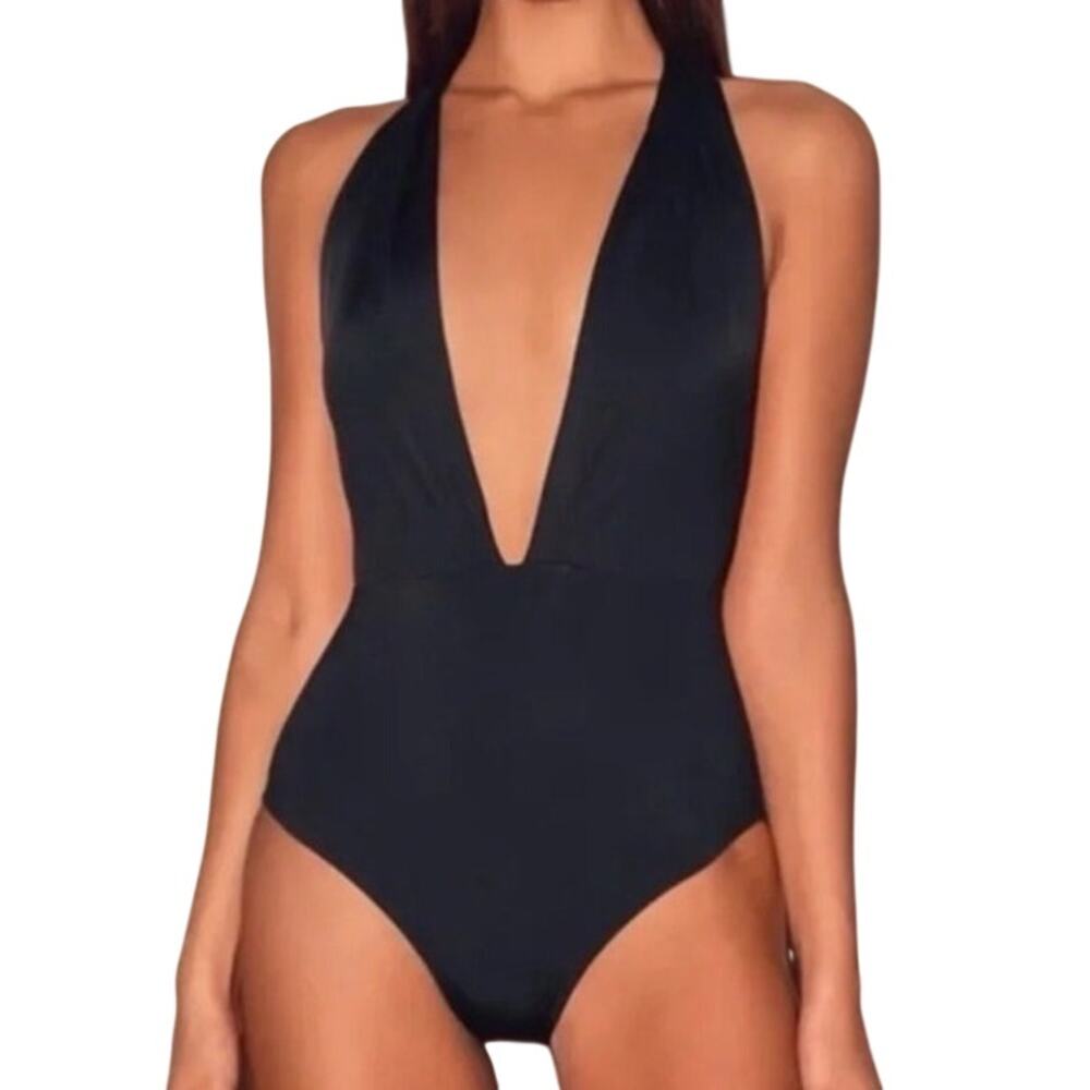 Lulus Black Plunge One Piece Swimsuit Medium